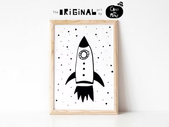 Space Print in Black and White with Rocket Ship for Toddler Boy Room Decor, Space Theme Nursery T... | Etsy (US)