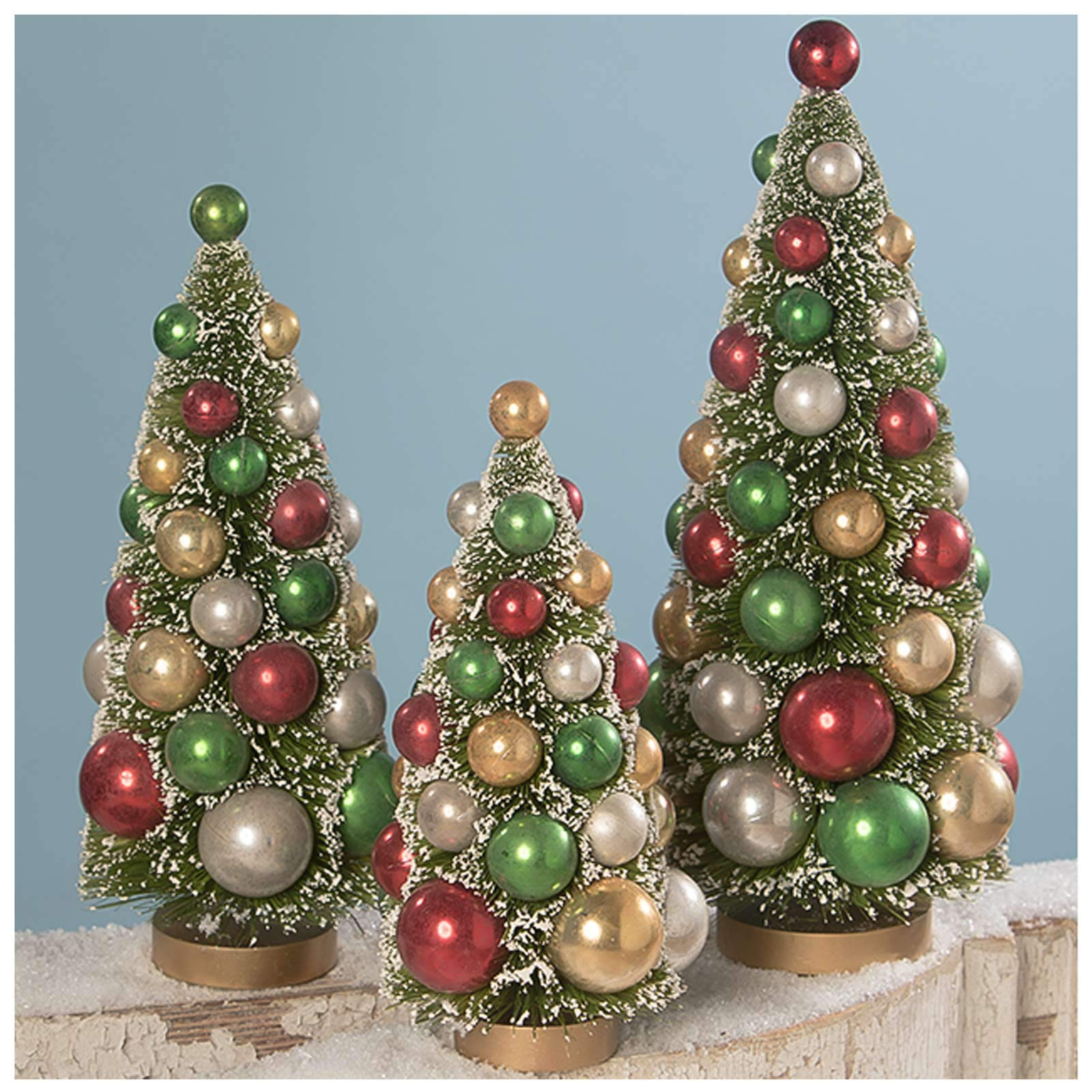 Bethany Lowe Set/3 Retro Bottle Brush Beaded Christmas Trees Red White Green Tabletop Decor | Amazon (US)