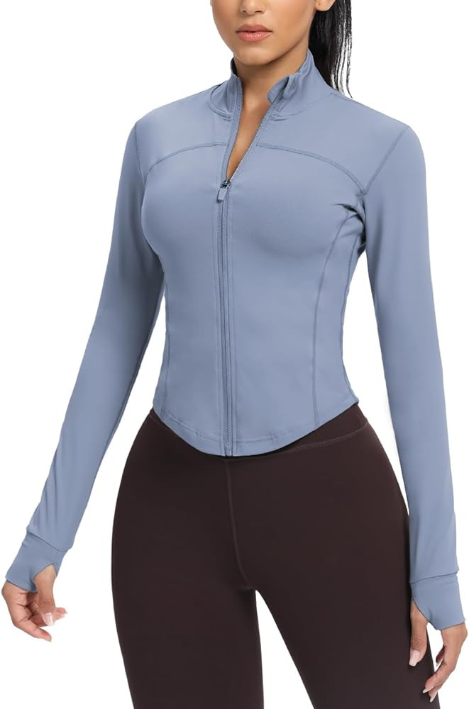 AVGO Women's Cropped Running Workout Jackets Zip Slim Fit Athletic Tops with Thumb Holes | Amazon (US)