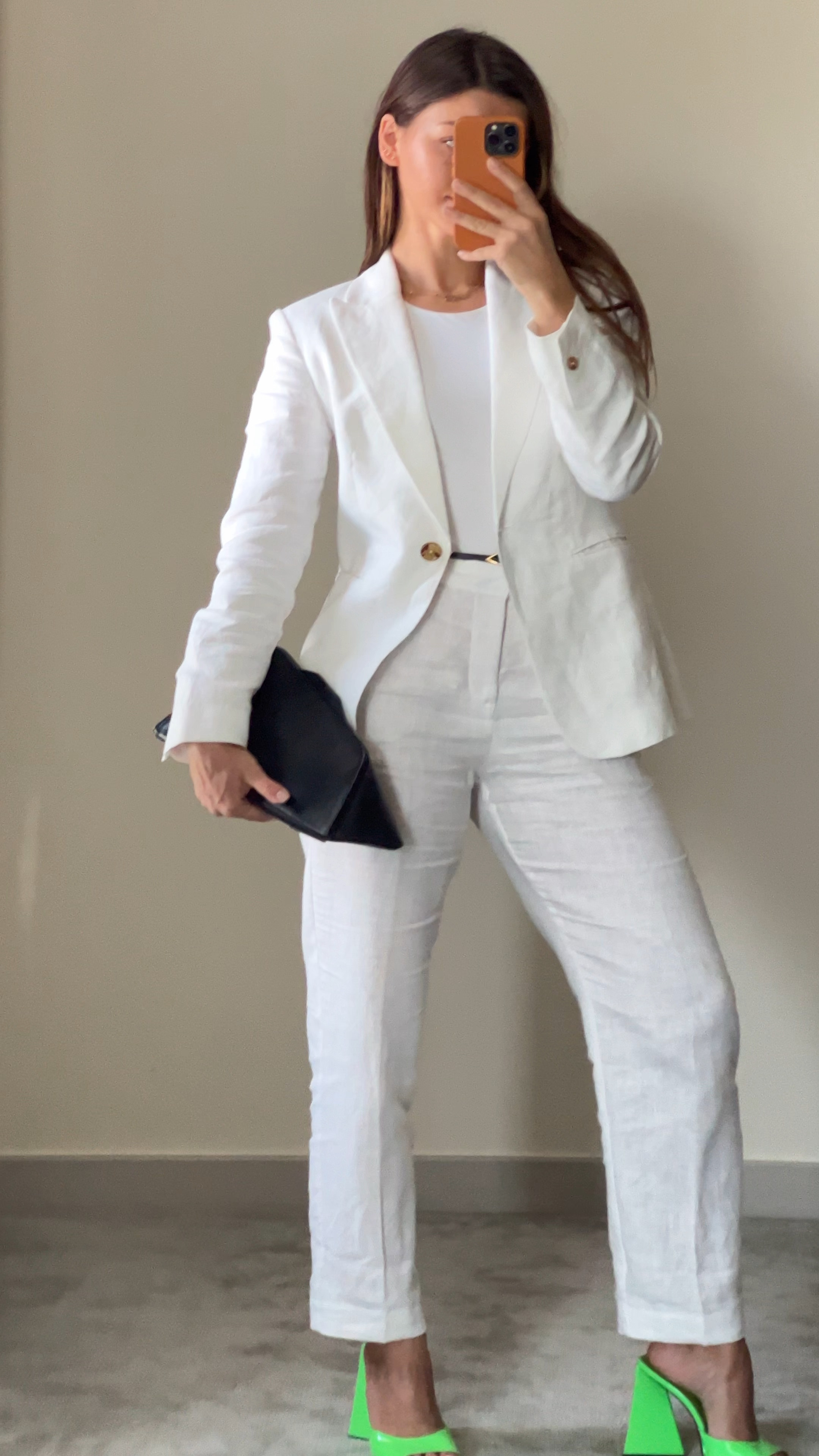 Business lunch outfit idea: white linen suit with fitted blazer and trousers, green heeled mules, black clutch, thin bottega veneta belt, white basic bodysuit 

#LTKshoecrush #LTKSeasonal #LTKworkwear