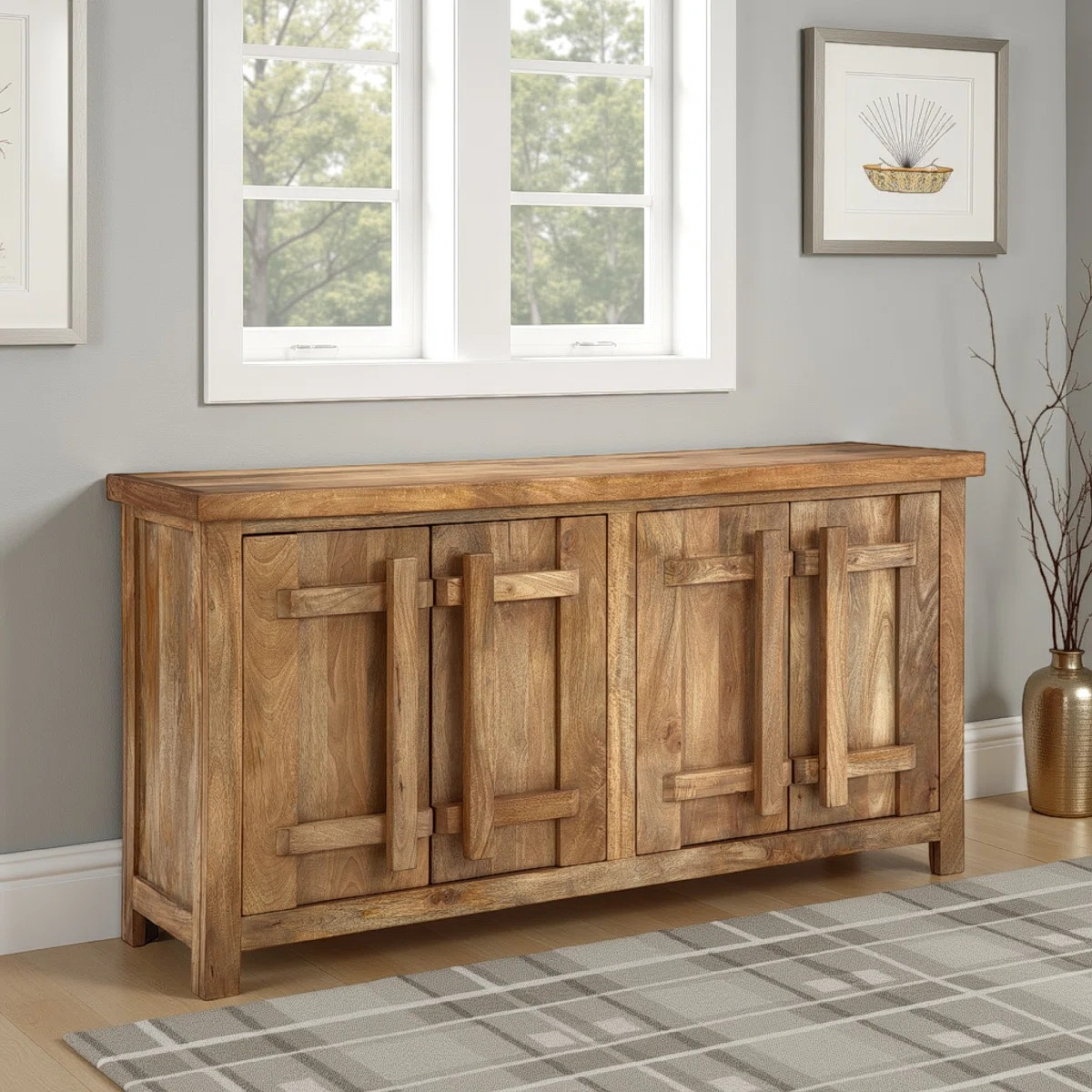 68 Inch Craftsman Style Sideboard Console in Solid Mango Wood, Brown Finish | Wayfair North America