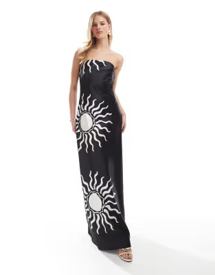 4th & Reckless satin bandeau maxi dress in mono contrast sun print | ASOS (Global)