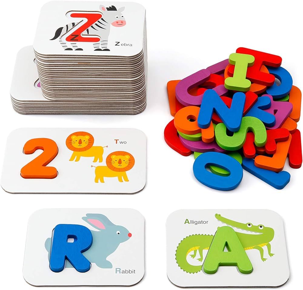 Coogam Numbers and Alphabets Flash Cards Set - ABC Wooden Letters and Numbers Animal Pattern Boar... | Amazon (US)
