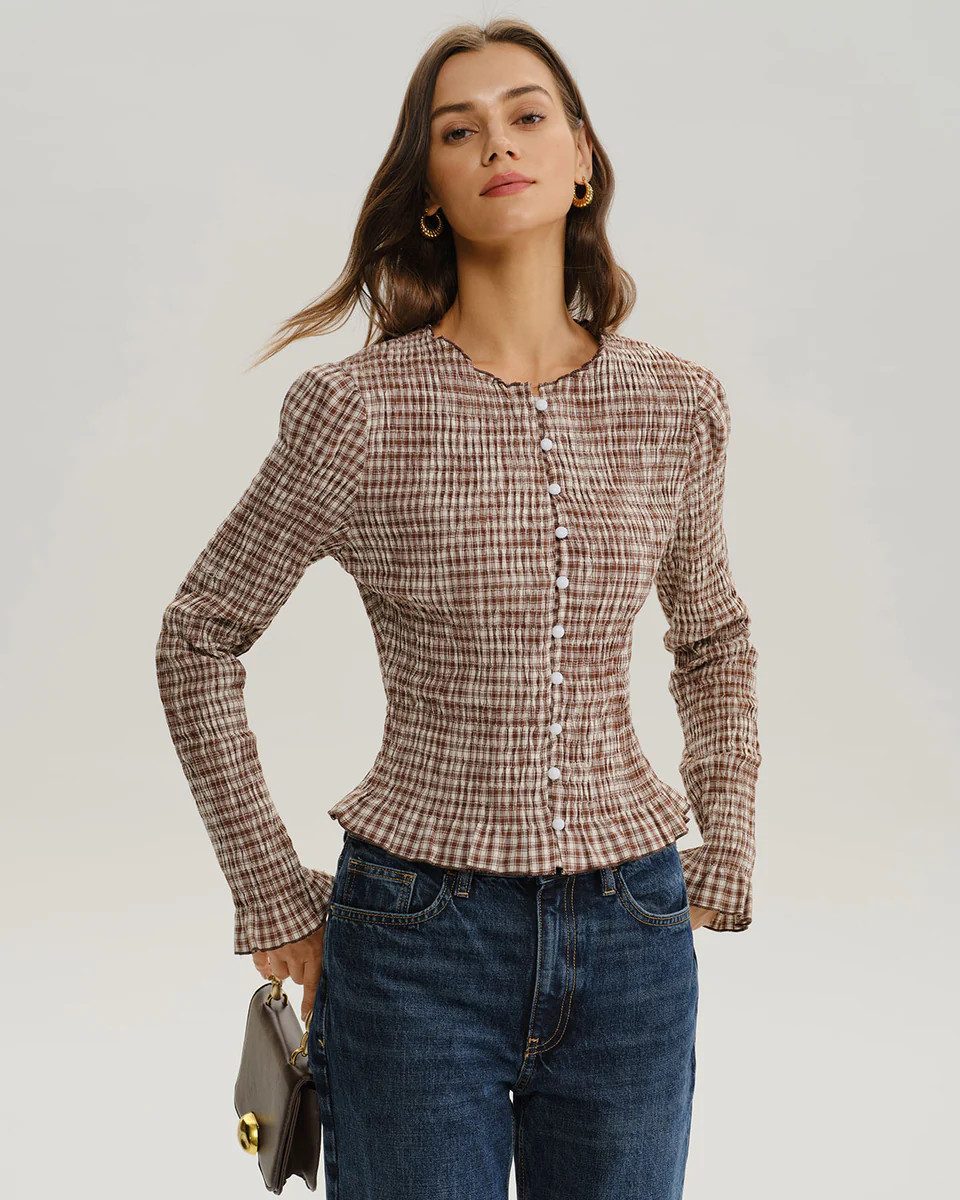 Brown Plaid Shirred Poet Sleeve Blouse | rihoas.com