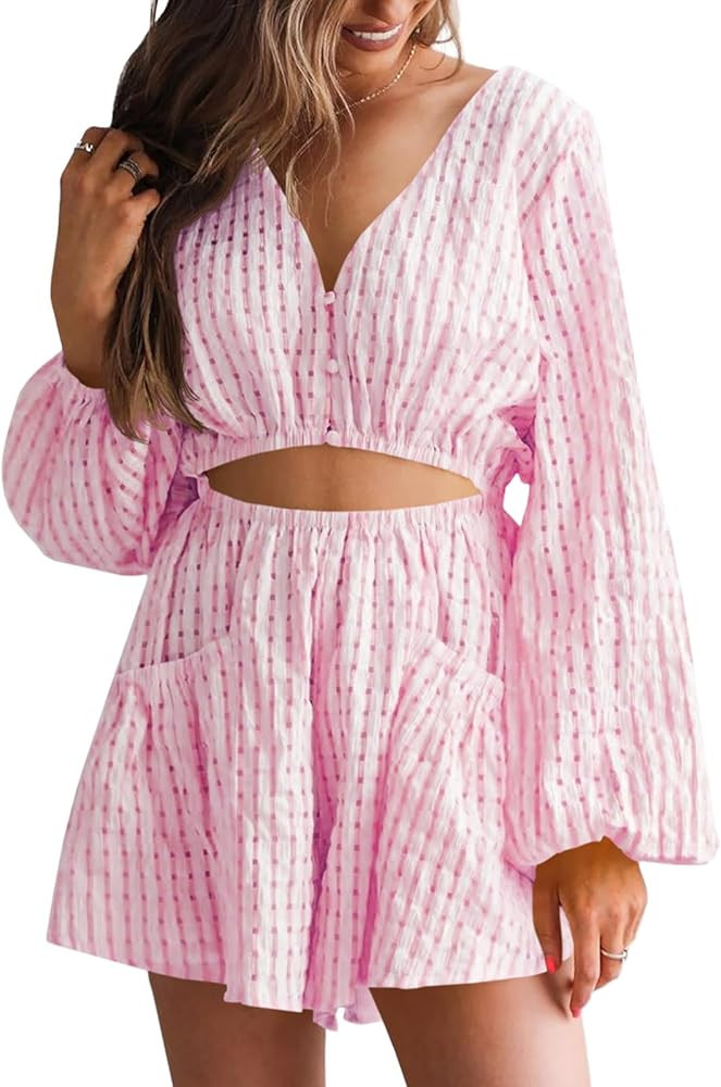 Tongmingyun Womens Summer Rompers Casual Long Sleeve V Neck Flowy Cutout Beach Short Jumpsuits wi... | Amazon (US)