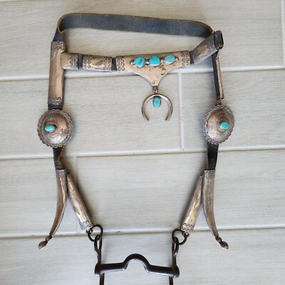 Vintage Sterling Silver Turquoise Concho Horse Tack with Bit Leather Headstall  | eBay | eBay US