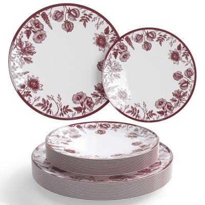 Trendables Plastic Disposable Plate Set 40 x 8" & 40 x 100" Burgundy Plate Vine Floral Disposable Wedding Plate Set | Target