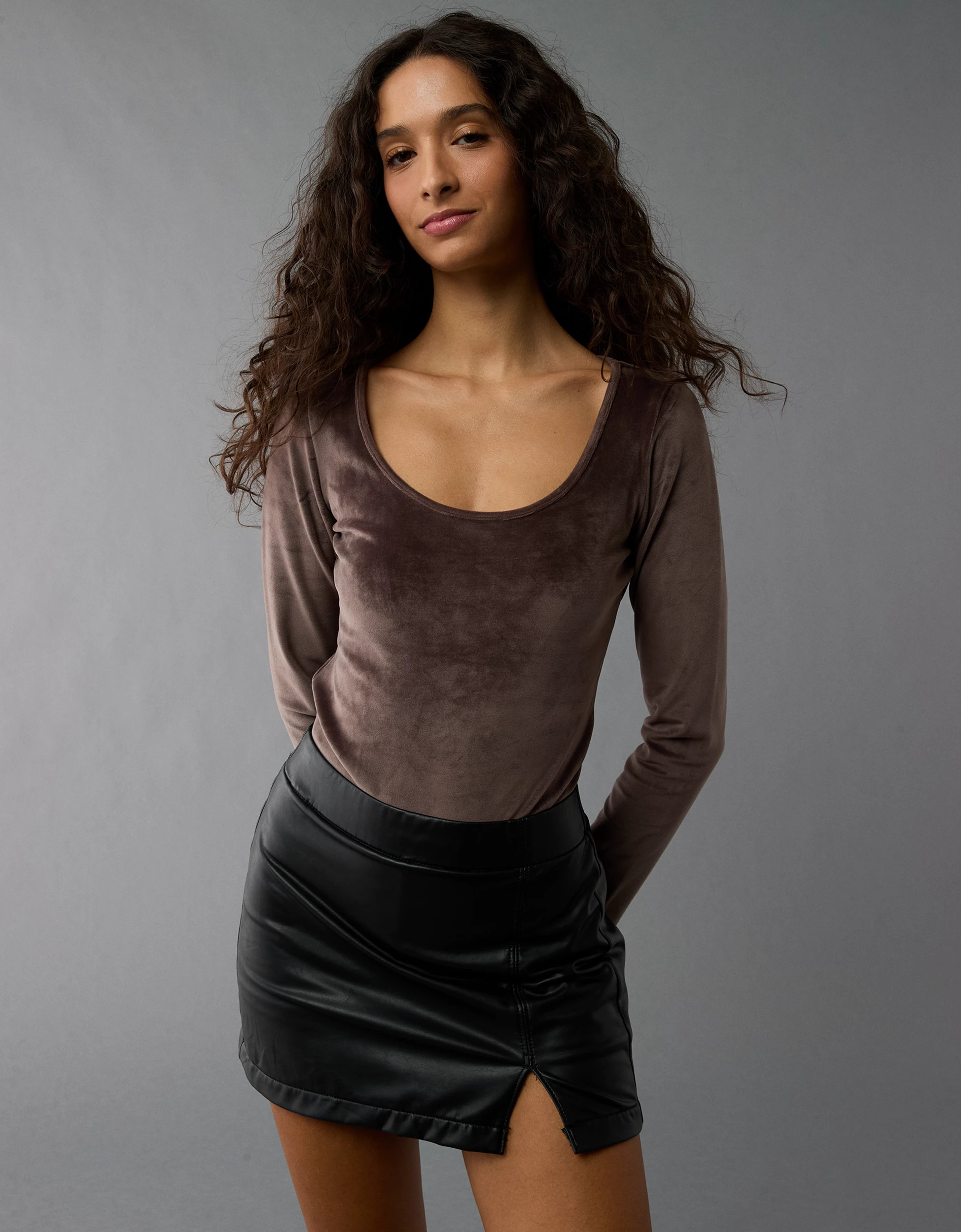 AE Long-Sleeve Scoop Neck Velvet Bodysuit | American Eagle Outfitters (US & CA)