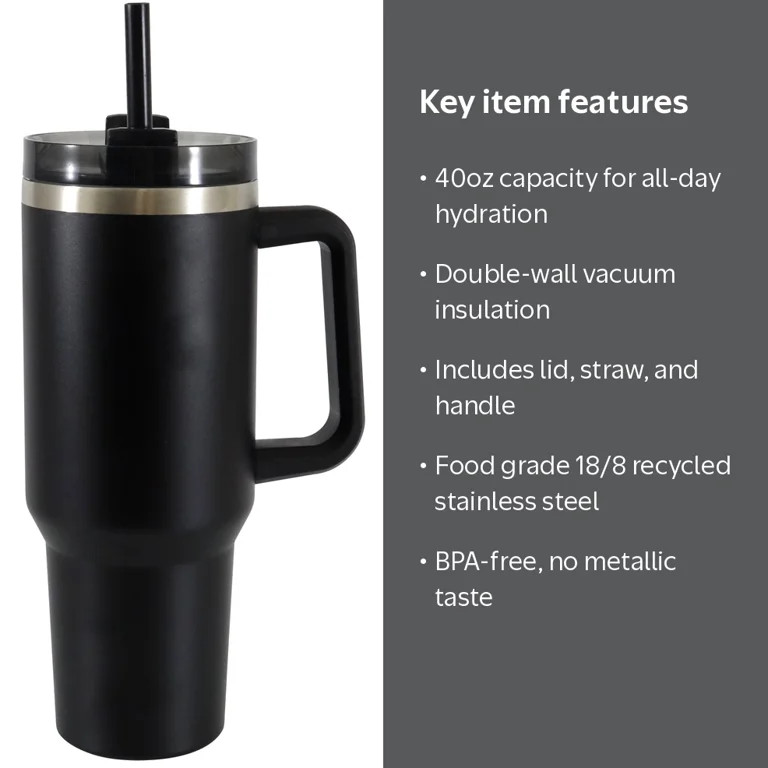 Mainstays 40 oz Stainless Steel Tumbler with Straw and Handle, Double Wall Insulated, Black | Walmart (US)