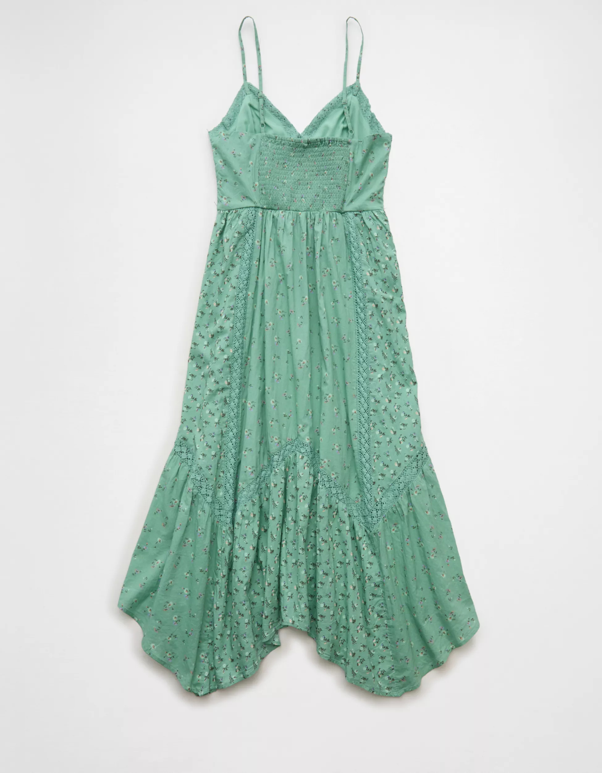 AE V-Neck Lace Inset Hanky Hem Midi Dress | American Eagle Outfitters (US & CA)