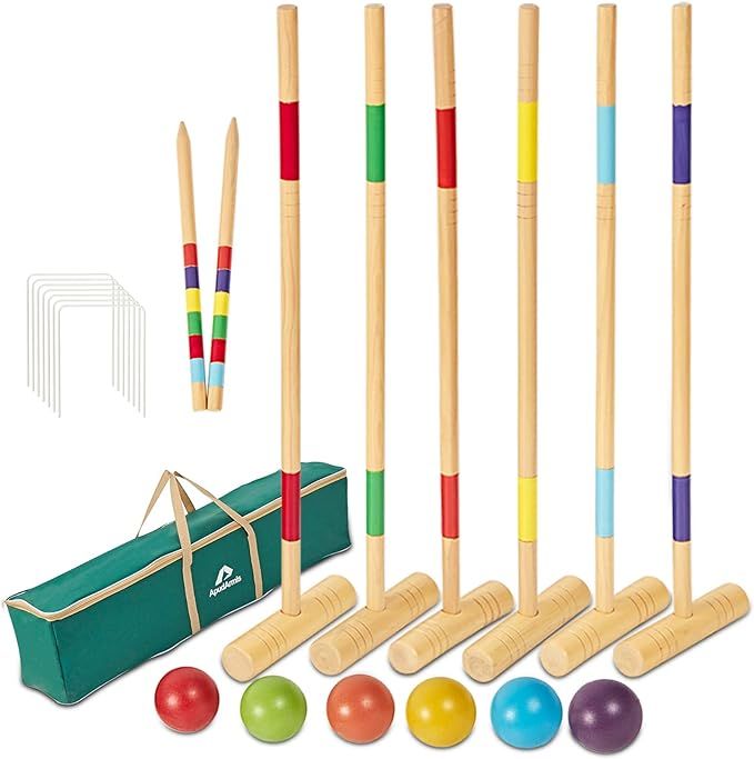 ApudArmis Six Player Croquet Set with Deluxe Premiun Pine Wooden Mallets,Colored Ball,Wickets,Sta... | Amazon (US)