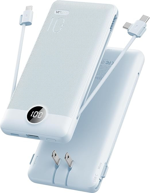 VRURC Portable Charger Built-in Cables and AC Wall Plug, USB C Power Bank 10000mAh, Travel Essent... | Amazon (US)