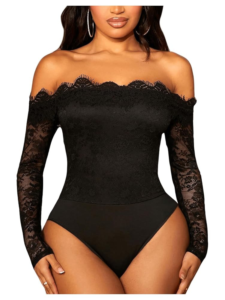 WDIRARA Women's Off Shoulder Floral Lace Bodysuit Mesh Long Sleeve Leotard Top | Amazon (US)