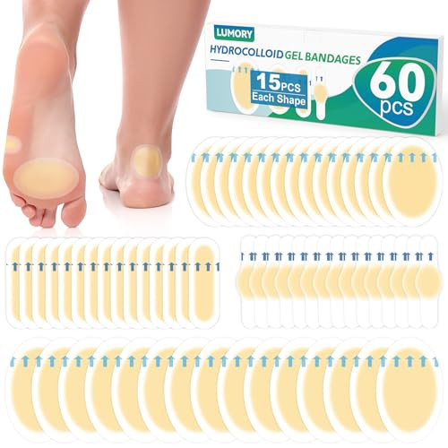 LUMORY 60pcs Hydrocolloid Blister Bandages,Gel Blister Bandages for Feet,Waterproof Blister Pads for Feet, Heel,Toe,Blister Prevention & Recovery, Blister Cushions with 4 Shapes | Amazon (US)
