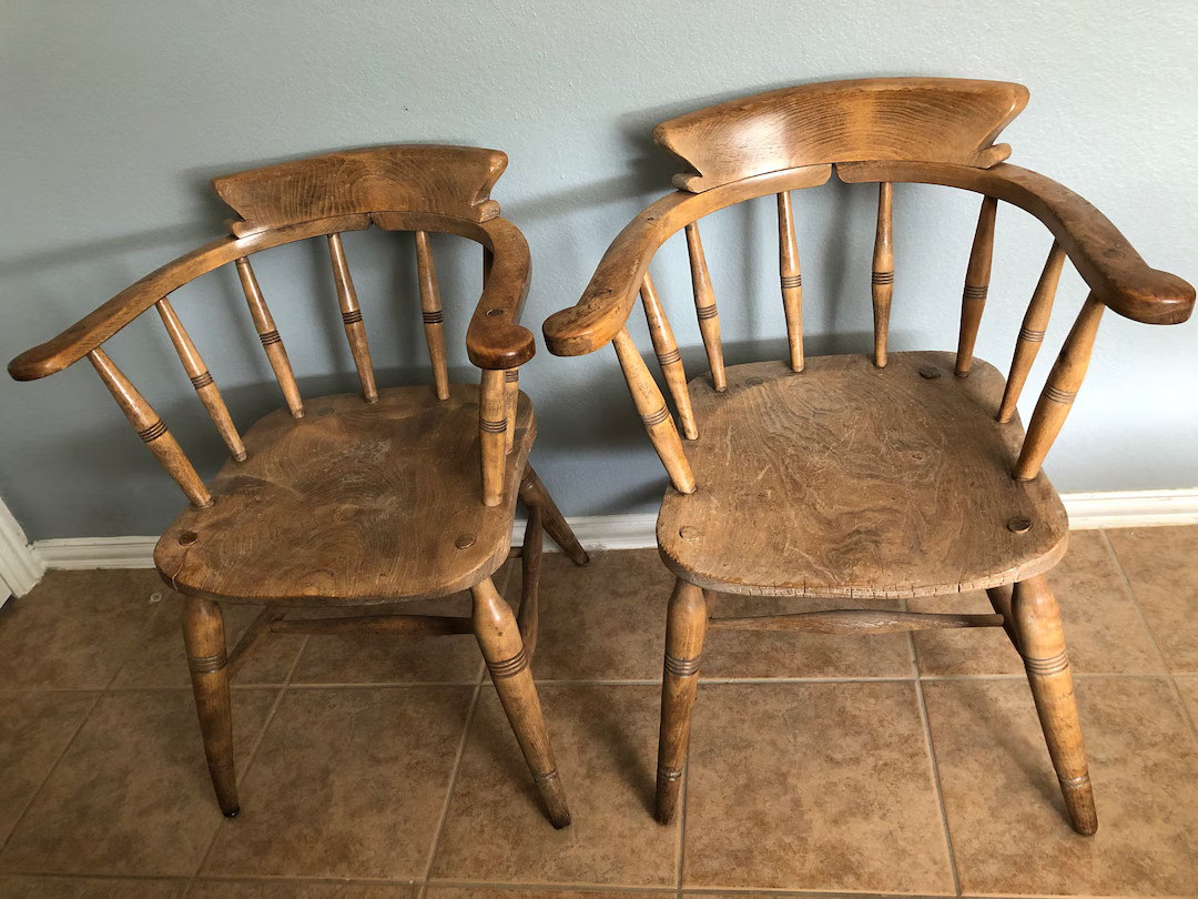 Antique Set of 2 English Captain’s Chairs. Pub.  Vintage Elm Plank Wood Arm Elbow Chairs. Circa... | Etsy (US)