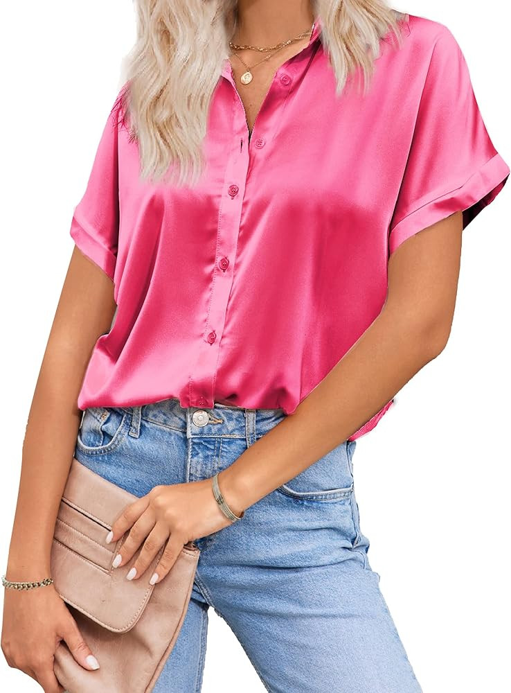 Hotouch Silk Button Down Shirts for Women Satin Short Sleeve V Neck Casual Work Office Blouse Tun... | Amazon (US)
