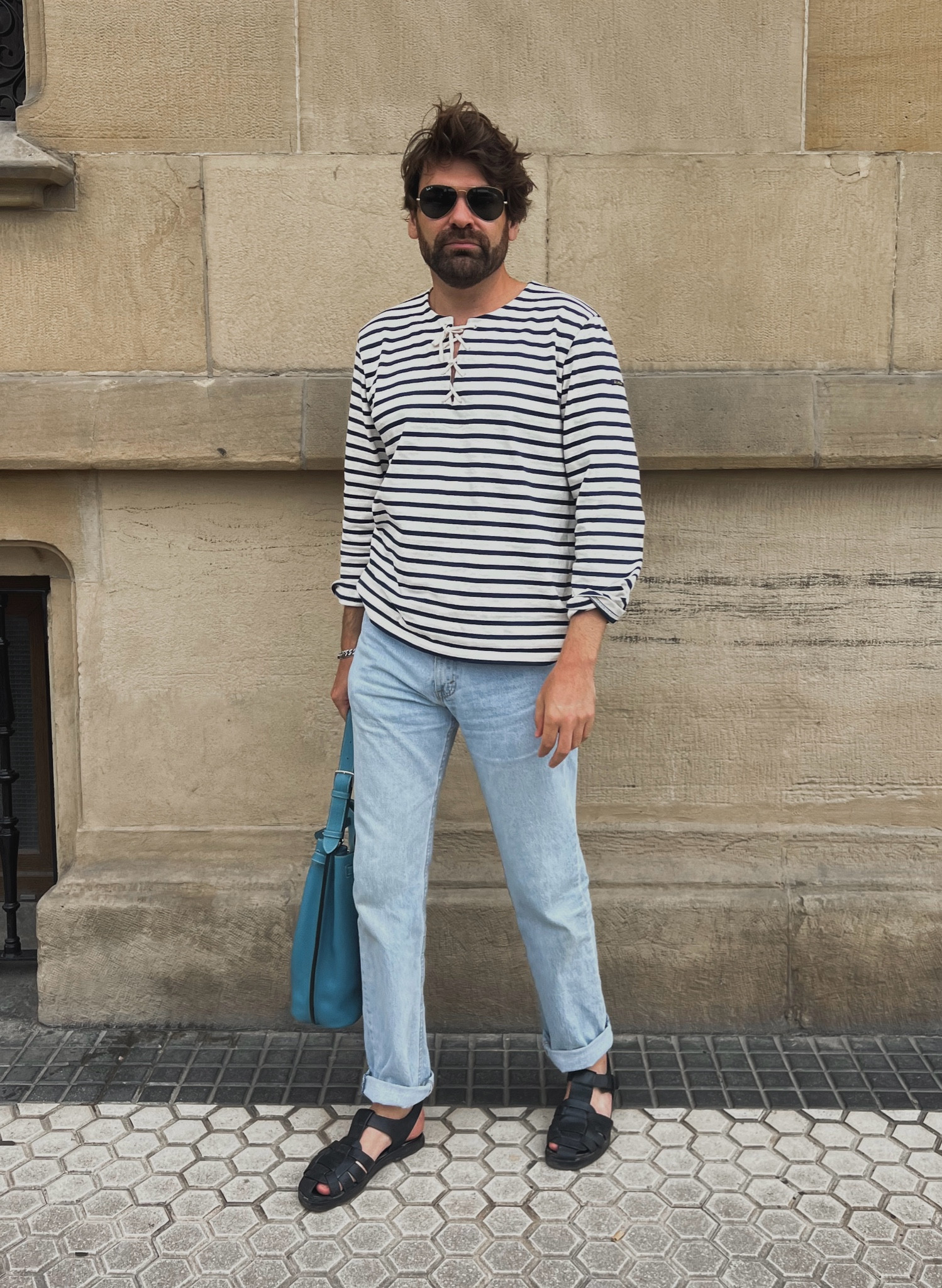 Men’s outfit with a striped shirt, a Hermes So Kelly 26 in Togo Blue Jean and The Row fisherman sandals. 

#LTKItBag #LTKFindsUnder50 #LTKMens