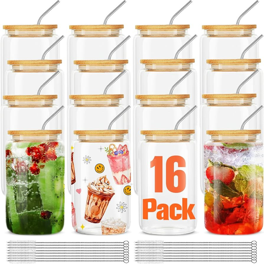 ASKIZ 16Pcs Glass Cups With Bamboo Lids and Straws,16Oz Ice Coffee Cup,Drinking Glasses Cups Set,... | Amazon (US)