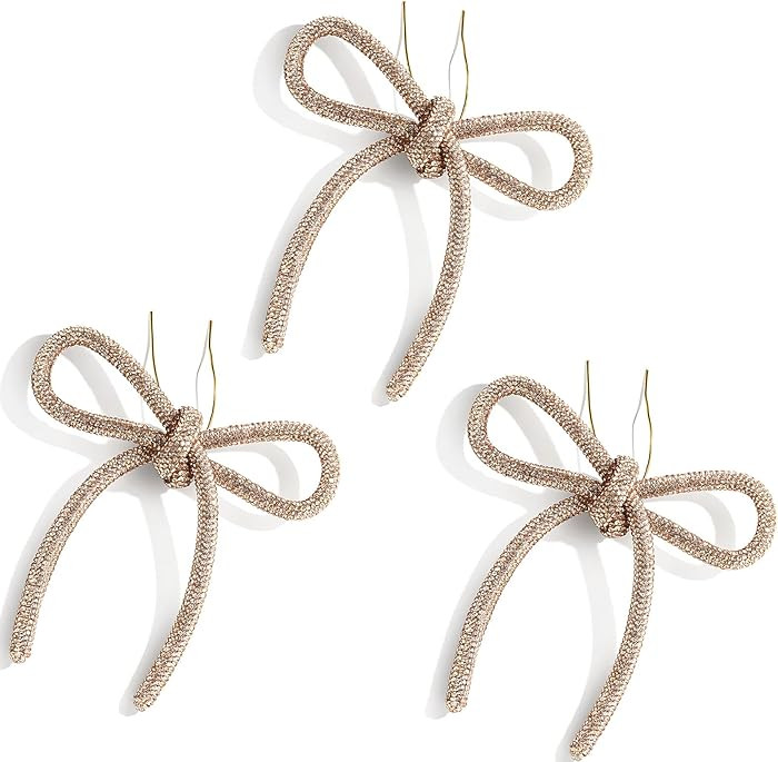 2025 Christmas Bow Ornaments, 3Pcs Champagne Bow Christmas Tree Ornament, Xmas Hanging Ornaments ... | Amazon (US)