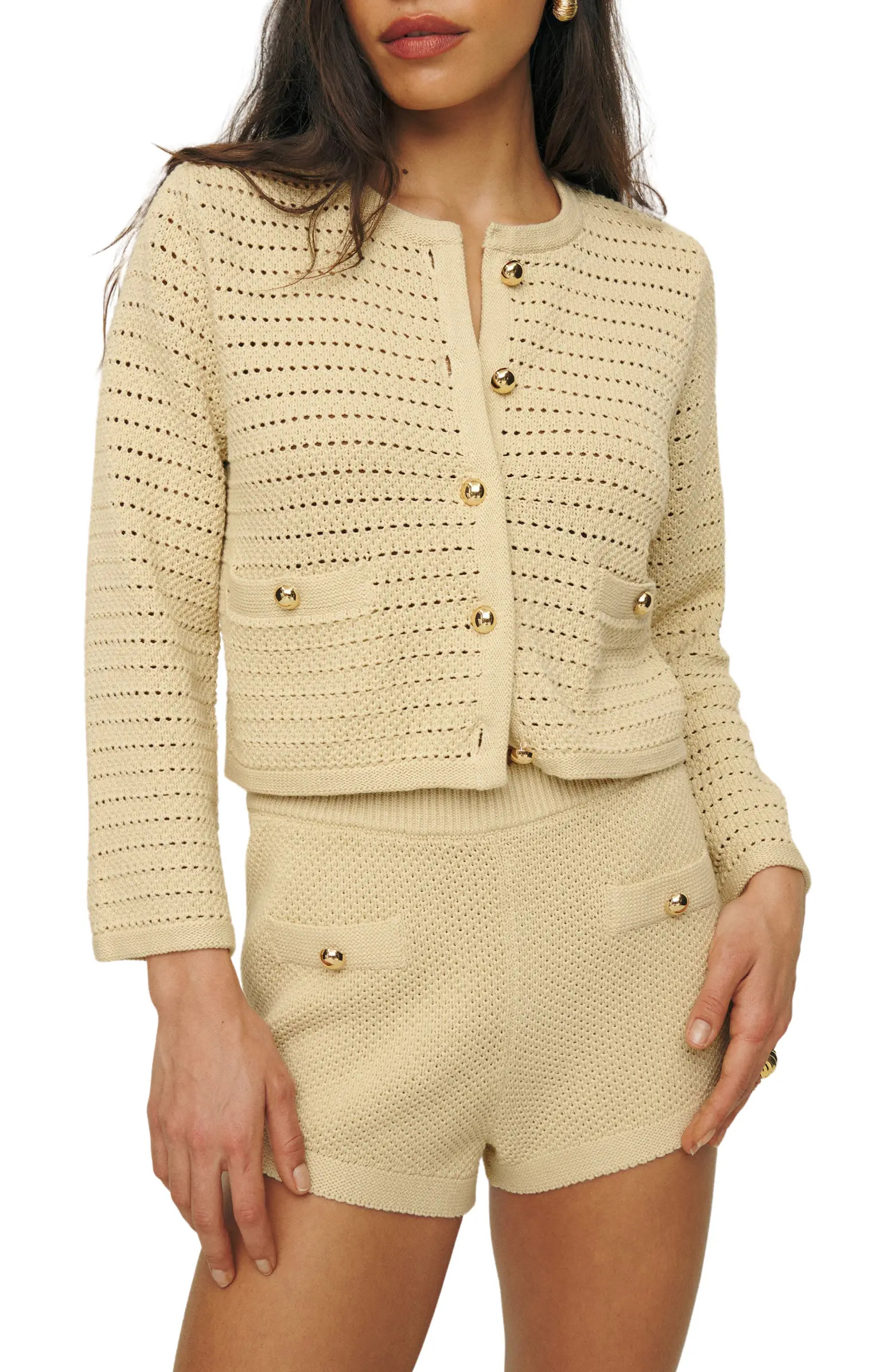 Airy open stitching enlivens this crewneck cardi fitted with golden buttons. | Nordstrom