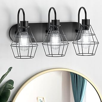 Elibbren Retro Style Industrial Bathroom Vanity Light 3 Lights, Vintage Matte Black Wall Sconce w... | Amazon (US)