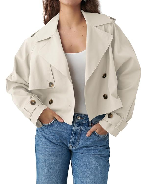 Tankaneo Womens Cropped Trench Coat Lapel Double Breasted Short Jacket Outwear with Pockets | Amazon (US)