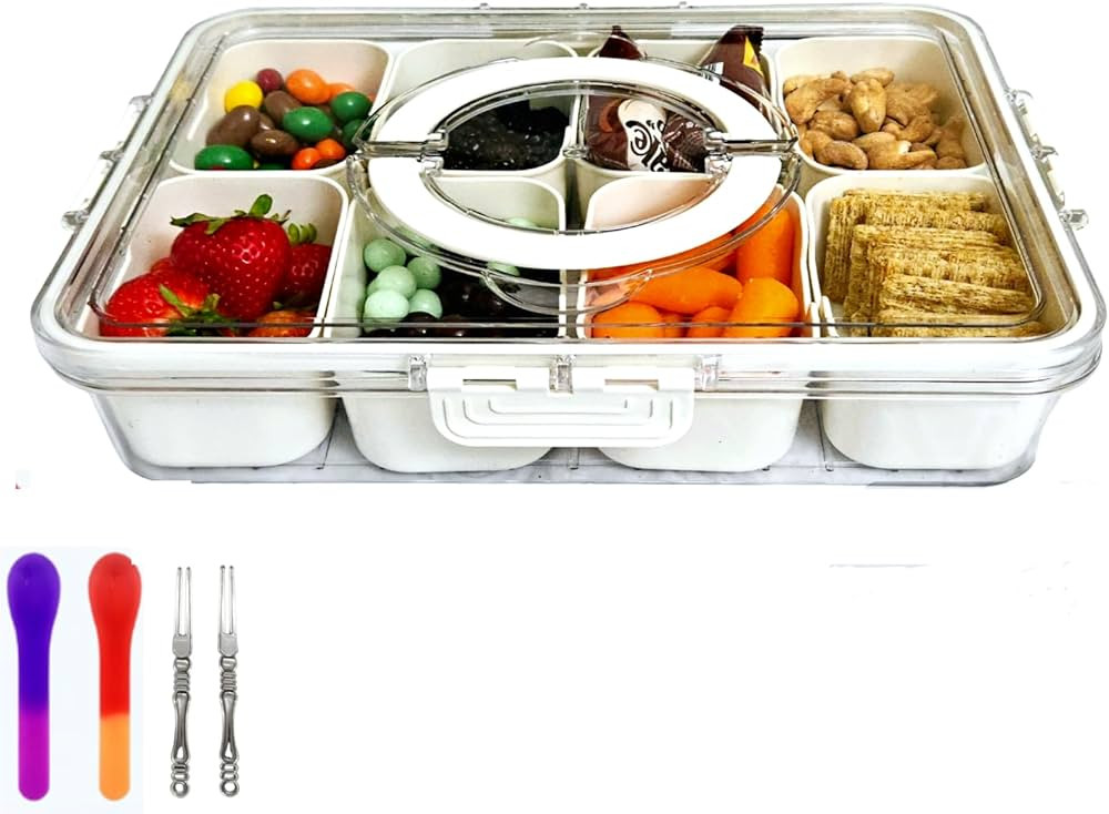 Divided Serving Tray with Lid and Handle, Snackle Box Container, Portable Snack Platters, Storage... | Amazon (US)
