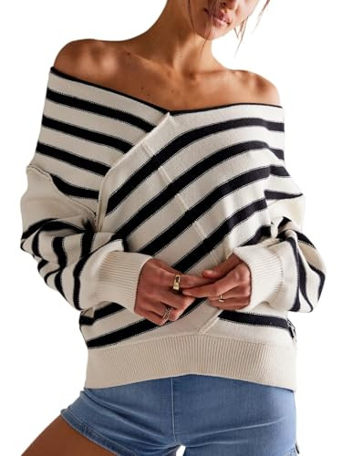 OFSOAK Women's Cropped Off The Shoulder Sweaters Striped Long Sleeve V Neck Knit Cross Wrap Front Sexy Sweater Beige | Amazon (US)