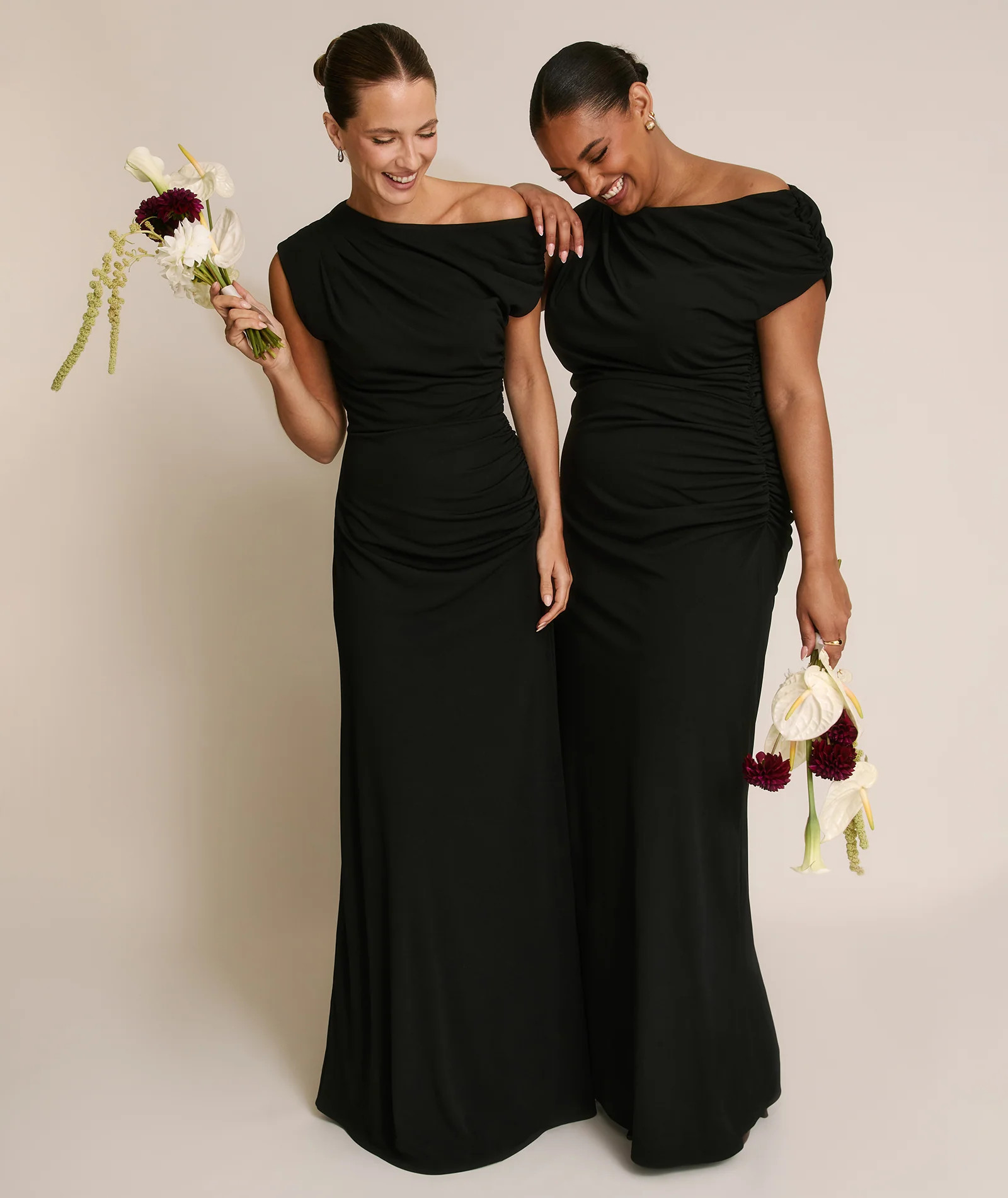 Asymmetric Neck Stretch Sculpt Bridesmaid Dress - Black | Six Stories