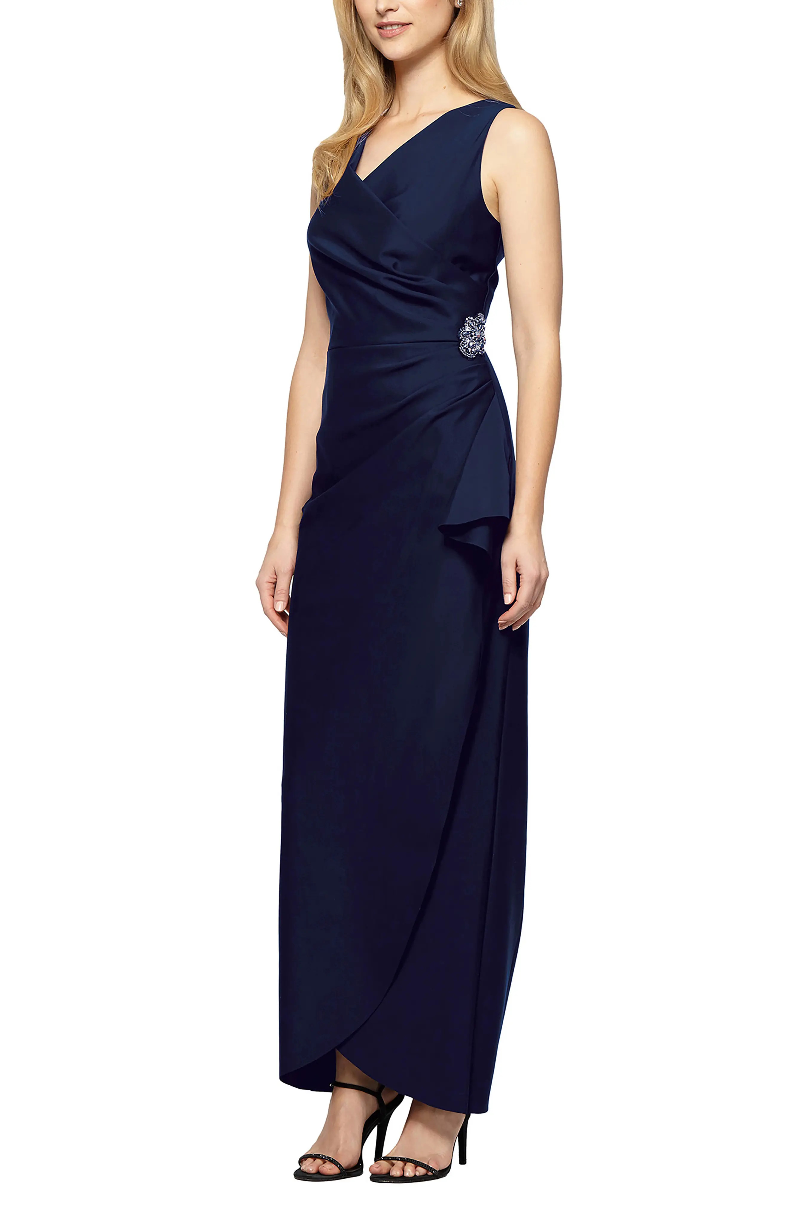 Alex Evenings Embellished Side Drape Column Formal Gown in Black at Nordstrom, Size 12 | Nordstrom