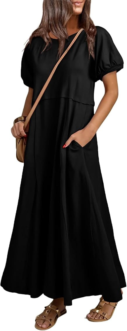 Acelitt Women Casual Trendy Summer Crewneck Puff Sleeve Midi Dress, S-XXL | Amazon (US)