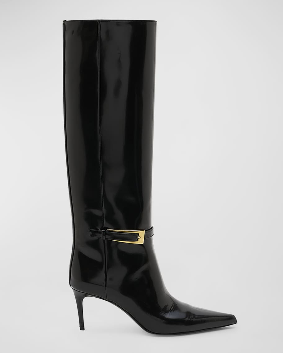 Saint Laurent Lee Patent Buckle Knee Boots | Neiman Marcus
