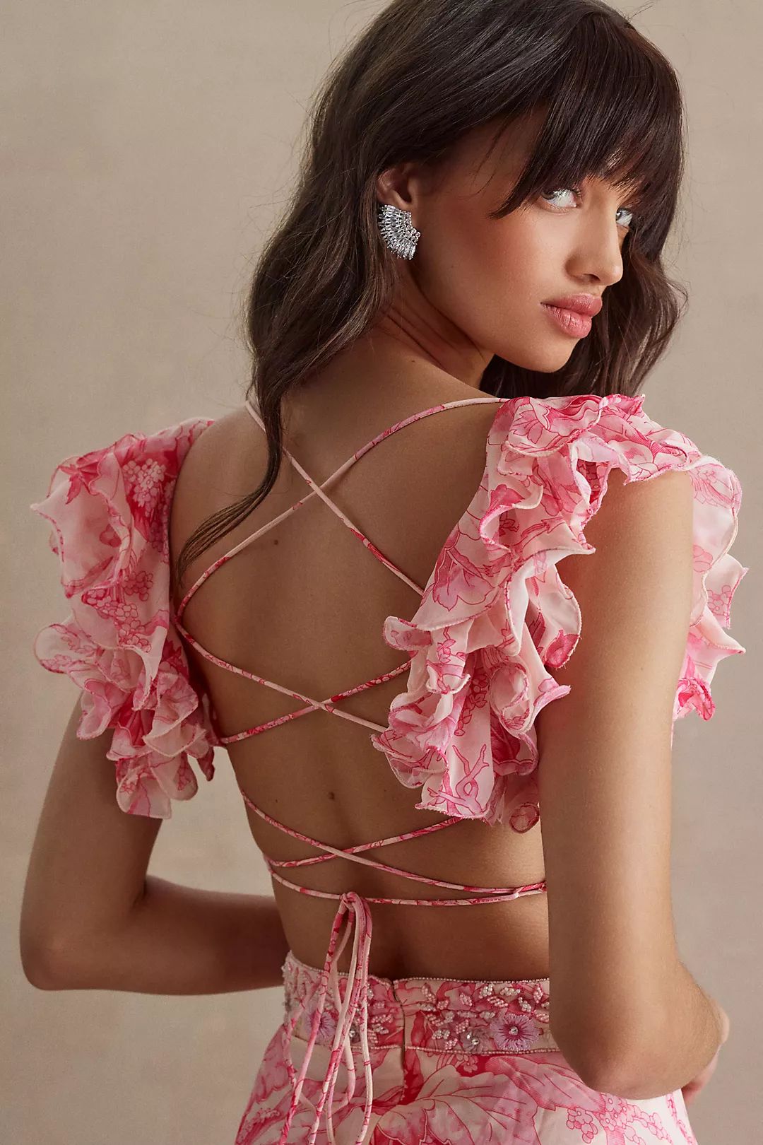 Mac Duggal Floral Flutter Cap-Sleeve V-Neck Lace-Up Gown | Anthropologie (US)
