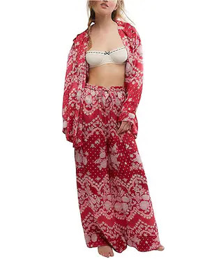Free People Dreamy Days Bandana Print Satin Notch Collar Long Sleeve Wide Leg Oversized Pajama Se... | Dillard's