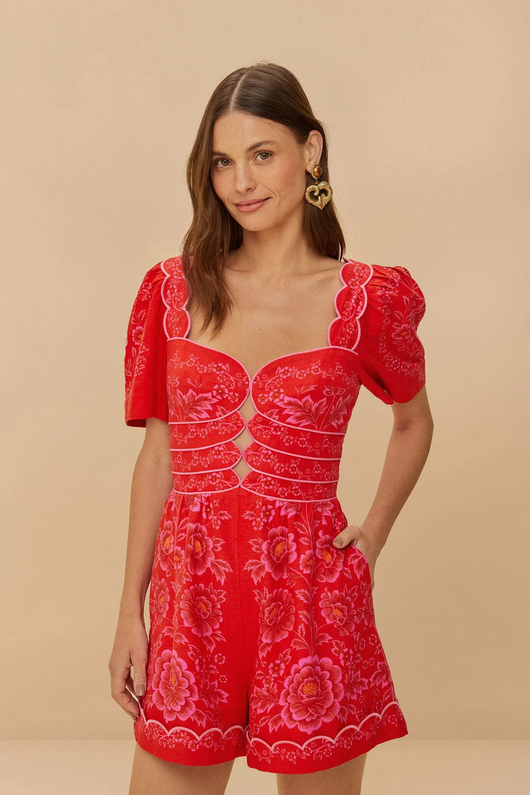 Red Olivia Cut-Out Lenzing™ Ecovero™ Euroflax™ Romper | FarmRio (US)