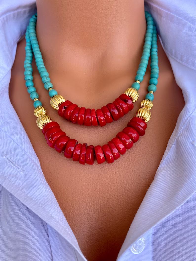 Red Coral and Turquoise Layered Necklace, Red and Blue Gemstone Necklace Set, Big Bold Statement ... | Etsy (US)