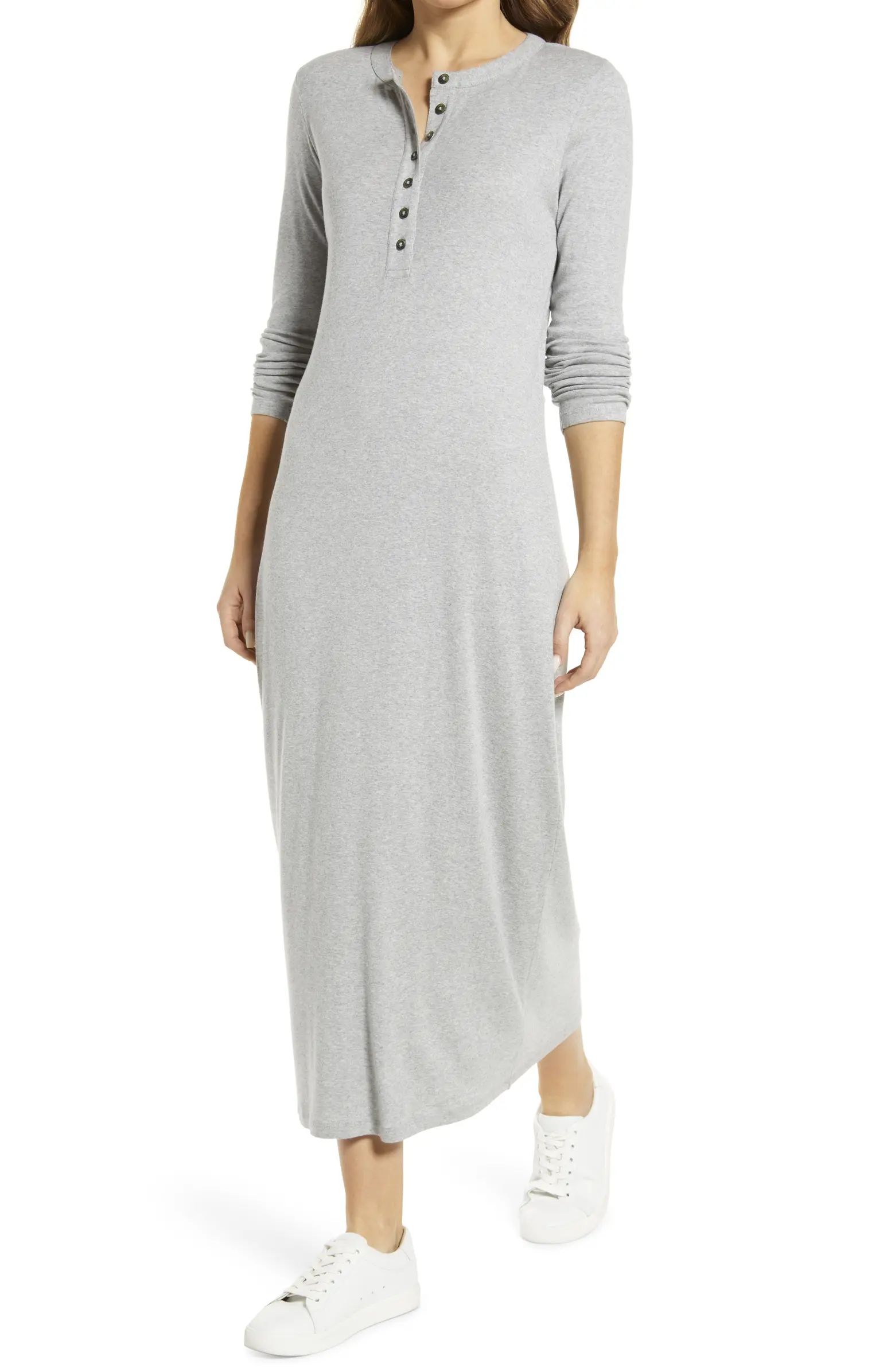 Split Neck Long Sleeve Cotton Blend Dress | Nordstrom