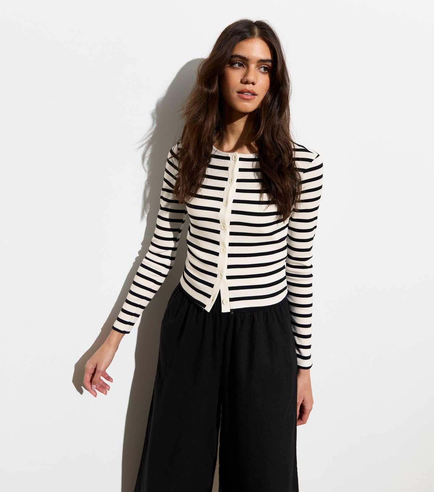 White Stripe Ribbed Button Front Cardigan | New Look | New Look (UK)