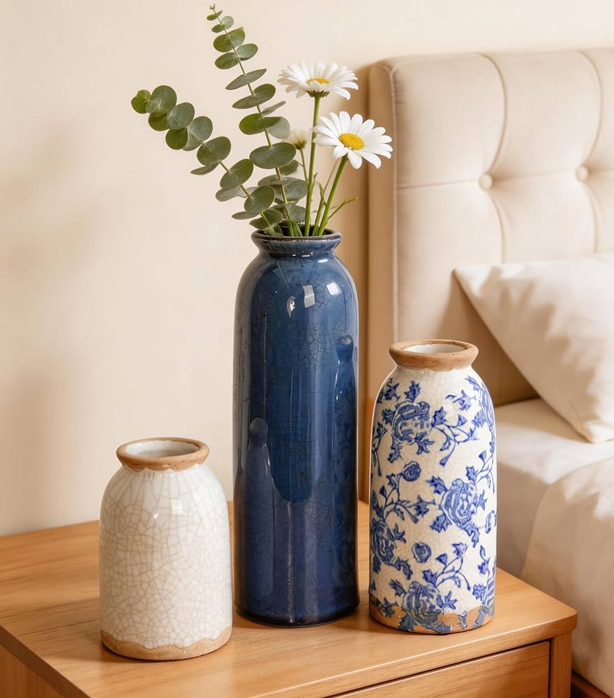 Vintage Ceramic Vase Set of 3, Blue and White Small Flower Vase Chinoiserie Rustic Modern Farmhou... | Amazon (US)