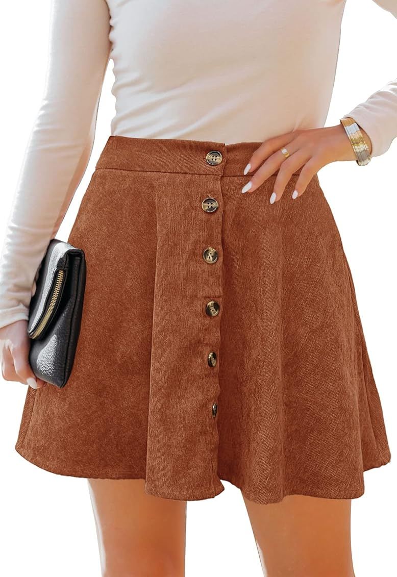 HERBATOMIA Women’s Button Front Skater Skirt High Elastic Waist Corduroy A-line Pleated Mini Sk... | Amazon (CA)