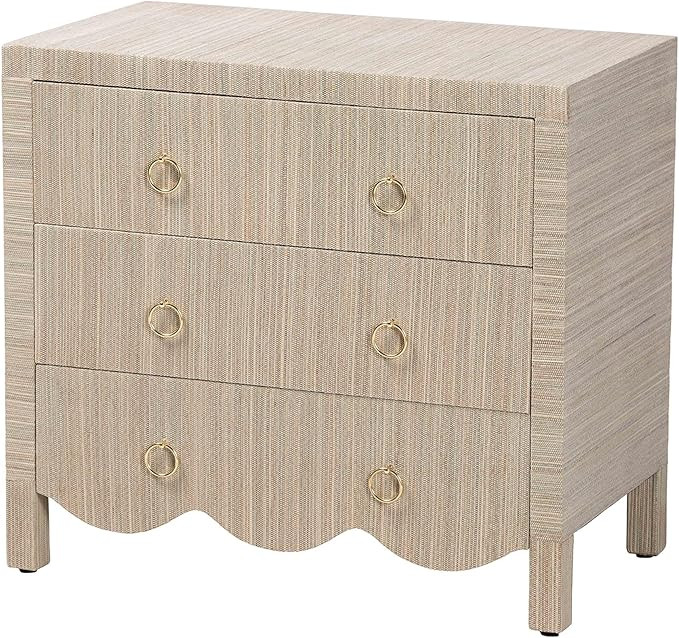 Bali & pari Umika Grasscloth Nightstand with Scalloped Base - 3-Drawer Accent Chest with Gold Rin... | Amazon (US)