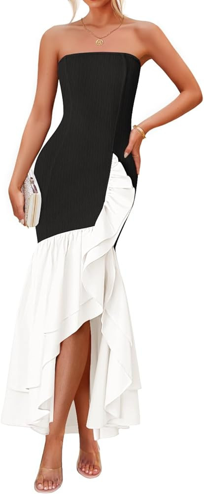 ZESICA Women's 2025 Summer Strapless Bodycon Maxi Dress Ribbed Sexy High Split Mermaid Prom Party... | Amazon (US)