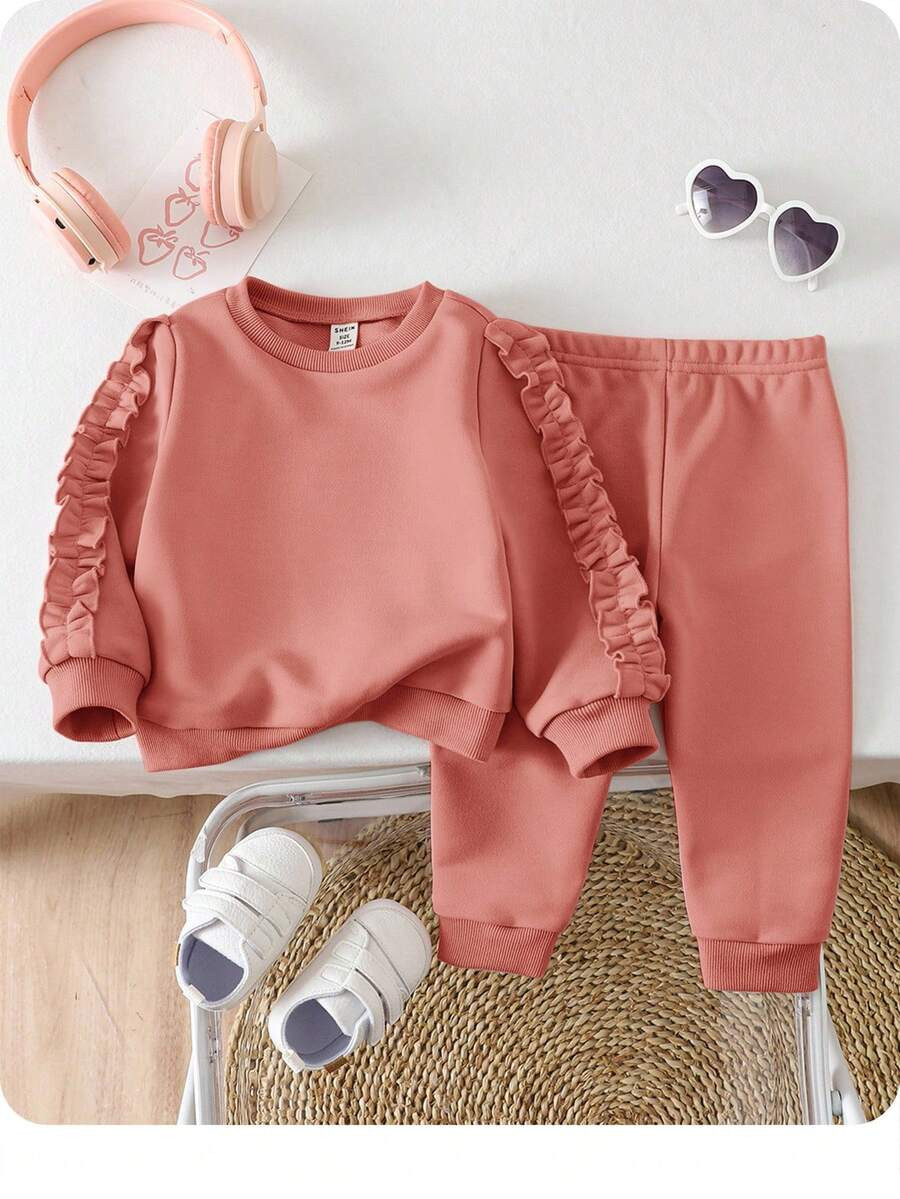 SHEIN 2pcs Baby Girl Cute Solid Color Ruffle Trim Sweatshirt & Sweatpants Set, Autumn/Winter | SHEIN
