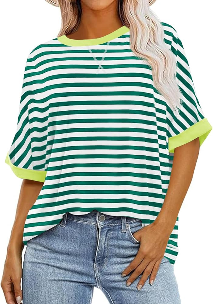 Tankaneo Womens Oversized Striped Tee Shirt Summer Casual Color Block Half Sleeve Crew Neck Tunic... | Amazon (US)