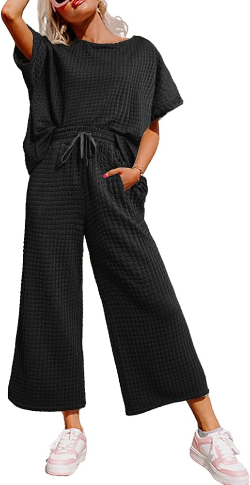 Dokotoo Women's 2 Piece Outfits Short Sleeve Crewneck Pullover Shirts Tops and Drawstring Wide Le... | Amazon (US)