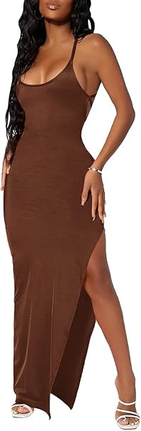 GORGLITTER Women's Side Split Thigh Bodycon Maxi Dress Sleeveless Scoop Neck Tie Back Slit Pencil... | Amazon (US)