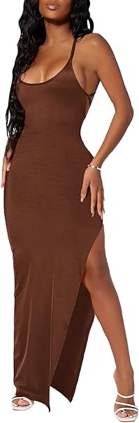 GORGLITTER Women's Side Split Thigh Bodycon Maxi Dress Sleeveless Scoop Neck Tie Back Slit Pencil... | Amazon (US)