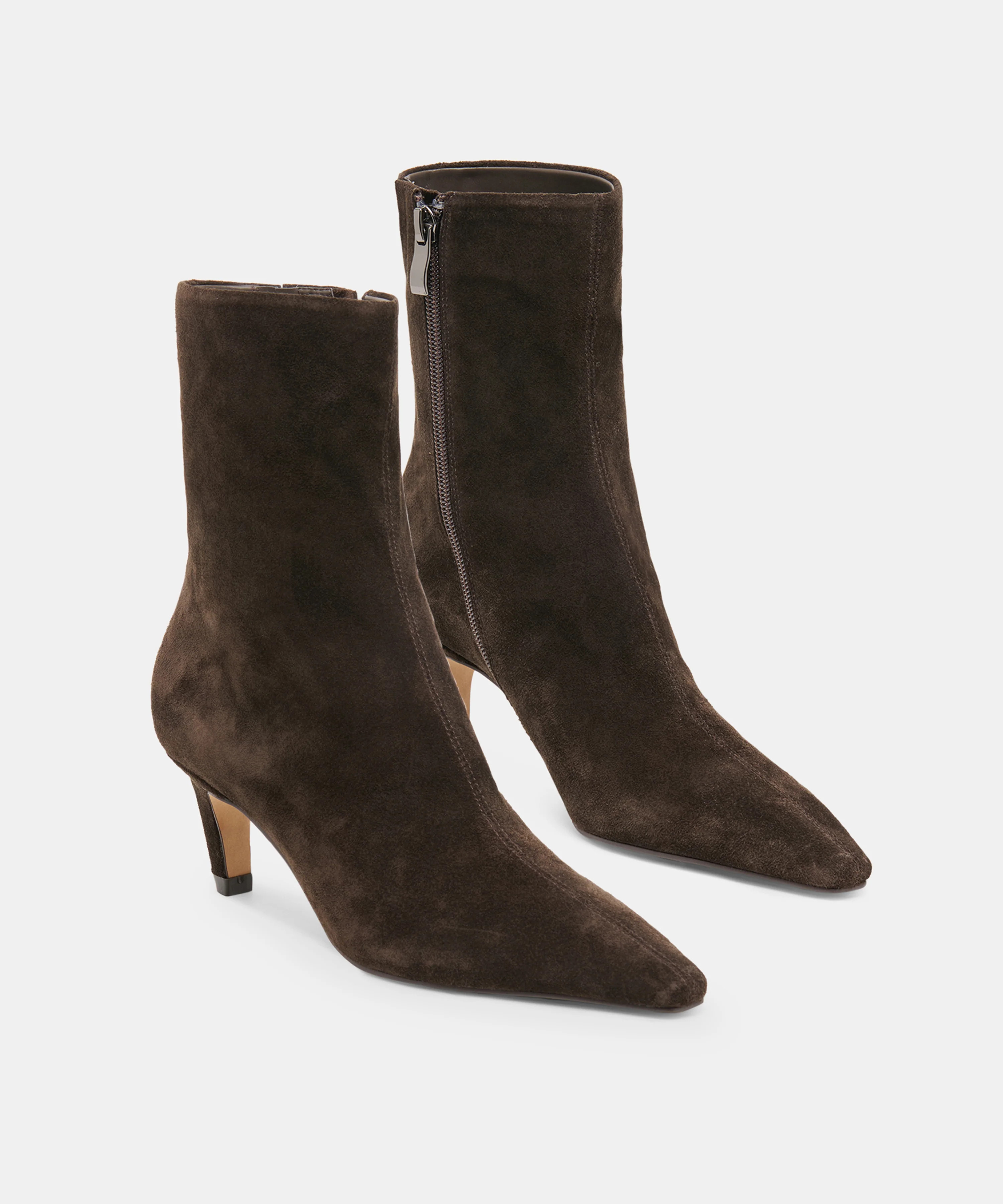 KARLIE Espresso Suede Pointed-Toe Kitten Heel Ankle Bootie | Dolce Vita | DolceVita.com
