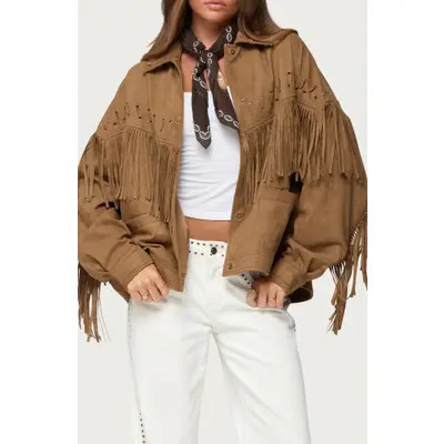 EDIKTED Evonka Fringe Faux Suede Jacket in Brown at Nordstrom, Size Medium | Nordstrom