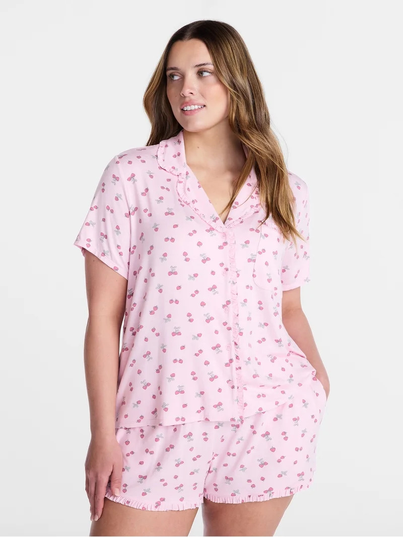 Joyspun Women’s Modal-Blend Ruffle Trim Notch Collar Top and Shorts Pajama Set, 2 Piece, Sizes ... | Walmart (US)